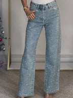 Sabine Women's Rhinestone Embellished Jeans | Crystal Straight Leg Going Out Denim | Party Wear