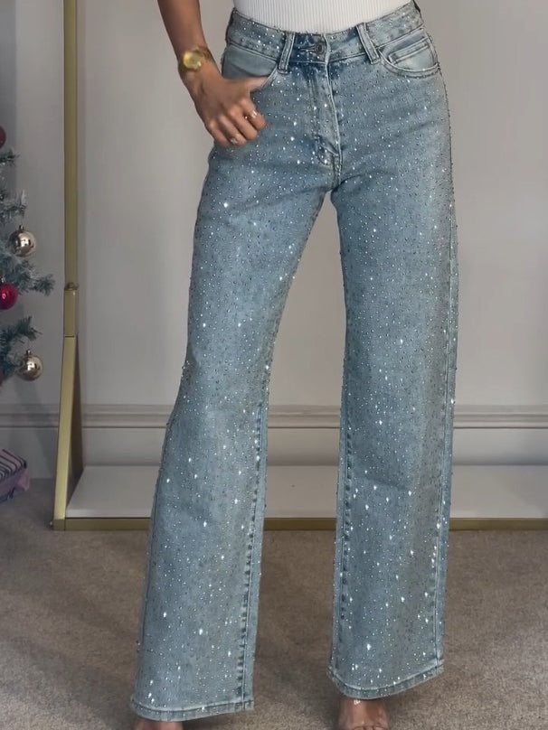 Sabine Women's Rhinestone Embellished Jeans | Crystal Straight Leg Going Out Denim | Party Wear