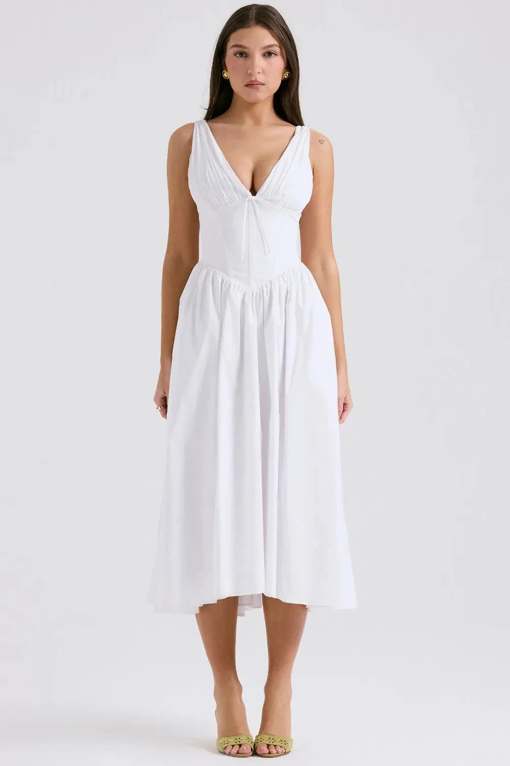 Alyanna Women's Cotton Midi Dress | V Neck Gathered Full Skirt Summer Dress | Wedding Guest & Casual