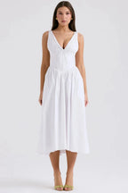 Alyanna Women's Cotton Midi Dress | V Neck Gathered Full Skirt Summer Dress | Wedding Guest & Casual