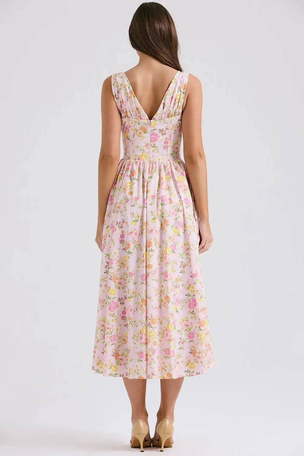 Alyanna Women's Cotton Midi Dress | V Neck Gathered Full Skirt Summer Dress | Wedding Guest & Casual