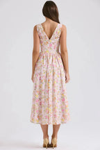 Alyanna Women's Cotton Midi Dress | V Neck Gathered Full Skirt Summer Dress | Wedding Guest & Casual