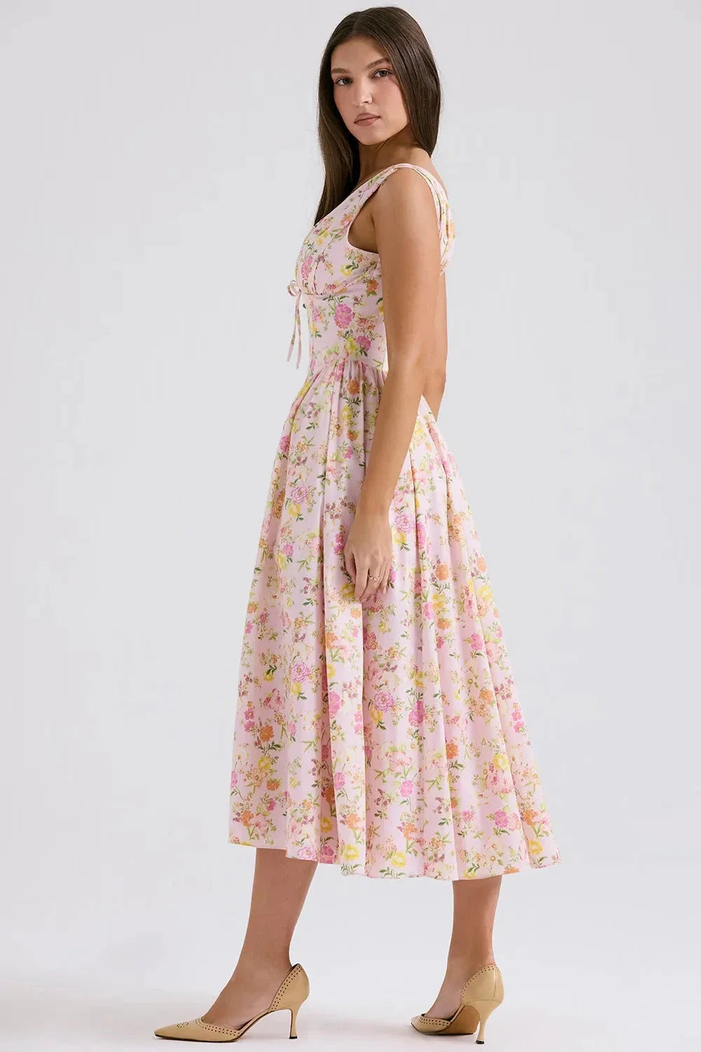 Alyanna Women's Cotton Midi Dress | V Neck Gathered Full Skirt Summer Dress | Wedding Guest & Casual