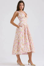 Alyanna Women's Cotton Midi Dress | V Neck Gathered Full Skirt Summer Dress | Wedding Guest & Casual