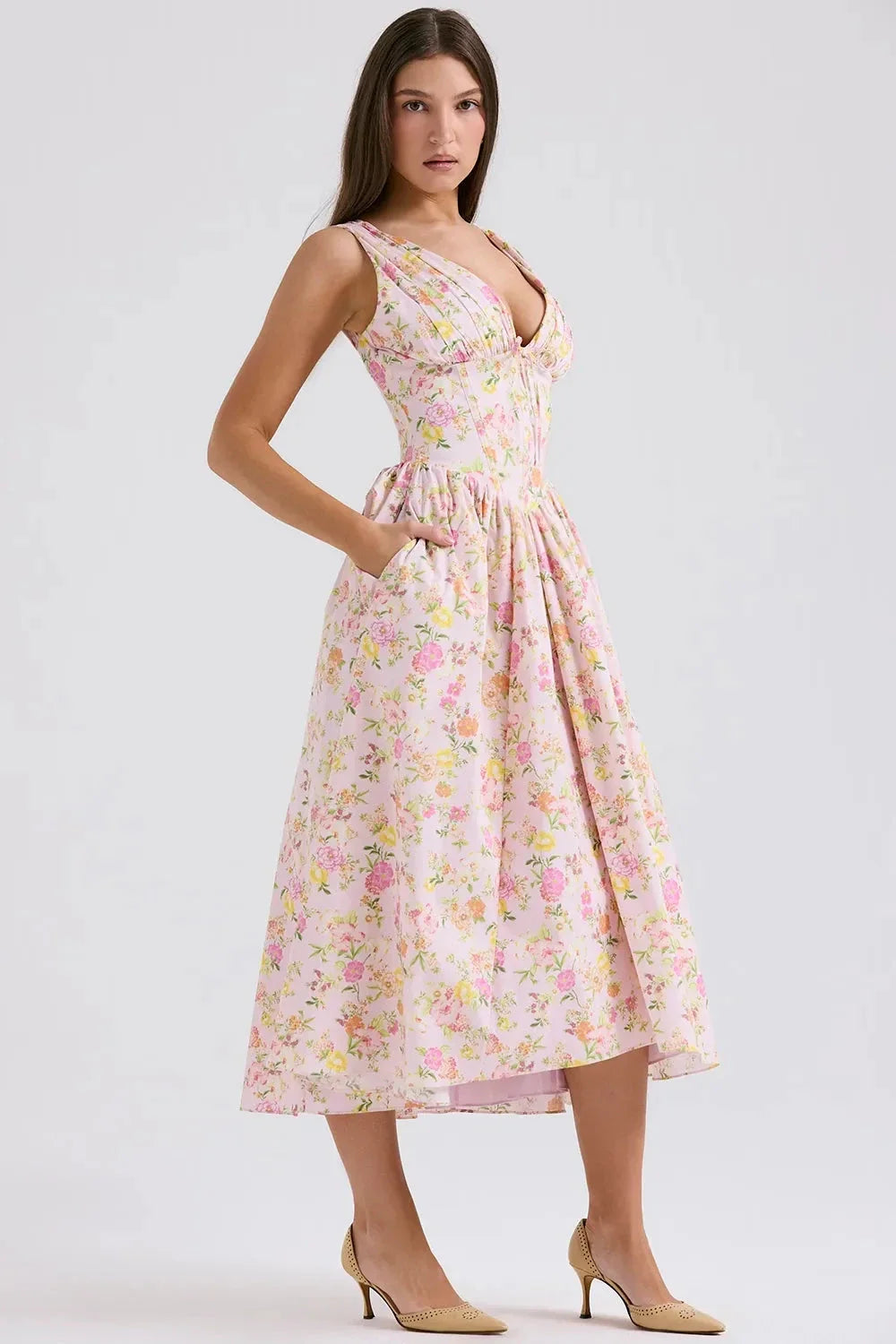 Alyanna Women's Cotton Midi Dress | V Neck Gathered Full Skirt Summer Dress | Wedding Guest & Casual