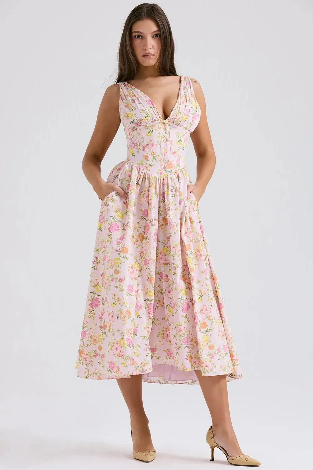 Alyanna Women's Cotton Midi Dress | V Neck Gathered Full Skirt Summer Dress | Wedding Guest & Casual