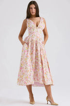 Alyanna Women's Cotton Midi Dress | V Neck Gathered Full Skirt Summer Dress | Wedding Guest & Casual