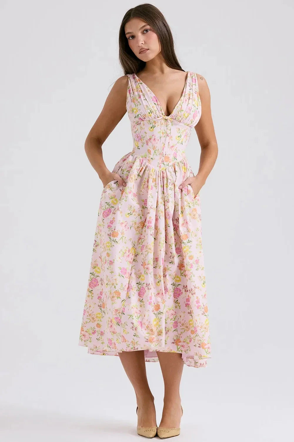 Alyanna Women's Cotton Midi Dress | V Neck Gathered Full Skirt Summer Dress | Wedding Guest & Casual