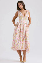 Alyanna Women's Cotton Midi Dress | V Neck Gathered Full Skirt Summer Dress | Wedding Guest & Casual