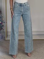 Sabine Women's Rhinestone Embellished Jeans | Crystal Straight Leg Going Out Denim | Party Wear