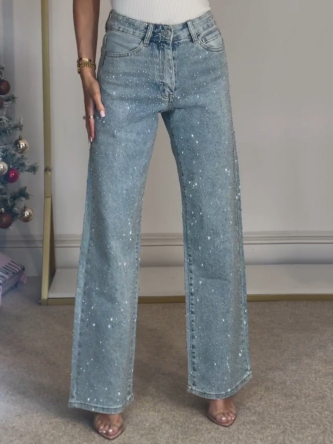 Sabine Women's Rhinestone Embellished Jeans | Crystal Straight Leg Going Out Denim | Party Wear