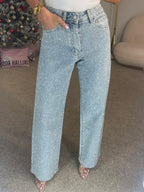 Sabine Women's Rhinestone Embellished Jeans | Crystal Straight Leg Going Out Denim | Party Wear