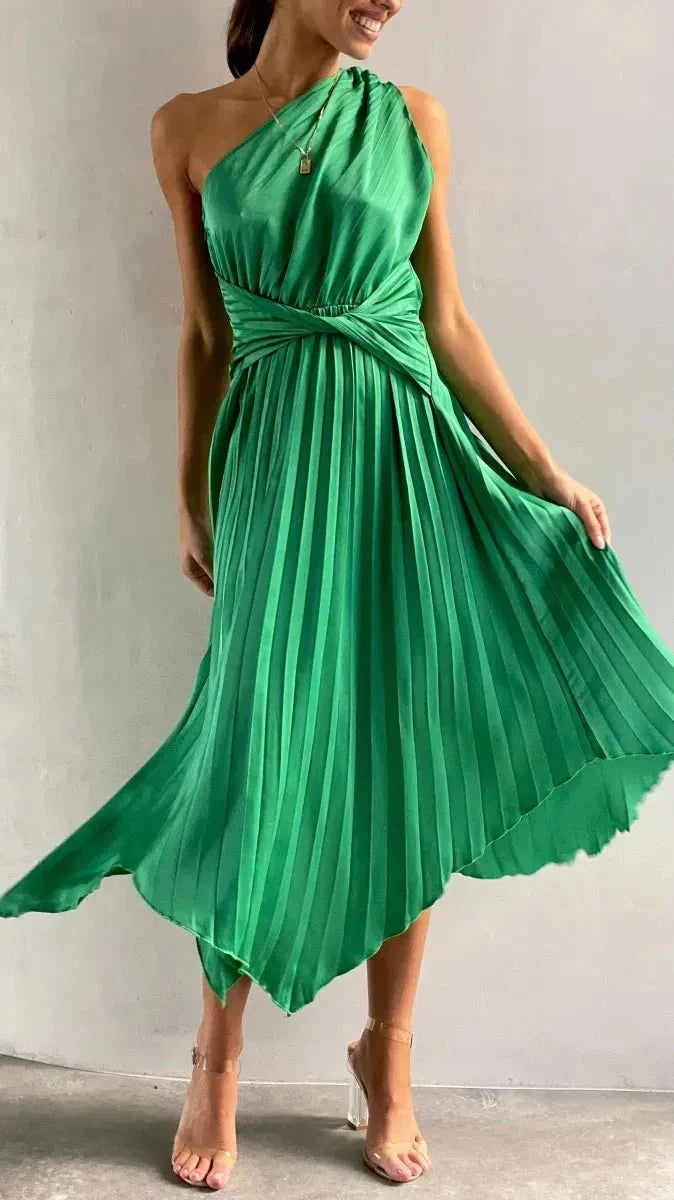 Audrine Women's Satin One Shoulder Midi Dress | Draped Twist Asymmetric | Evening & Smart Casual