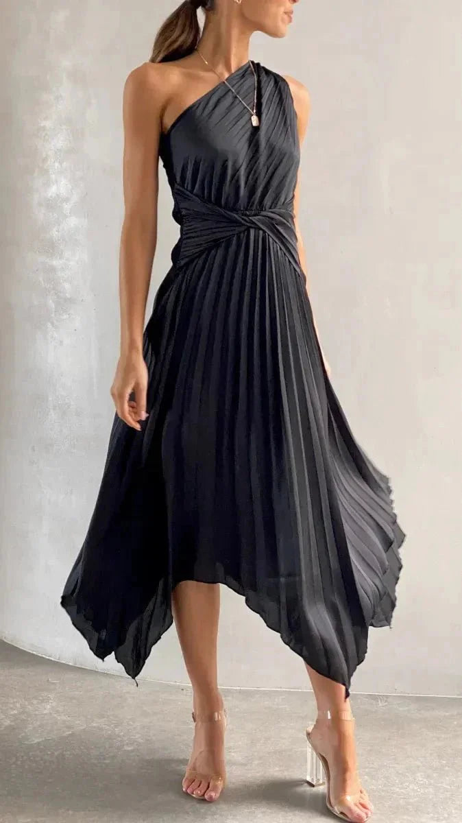 Audrine Women's Satin One Shoulder Midi Dress | Draped Twist Asymmetric | Evening & Smart Casual