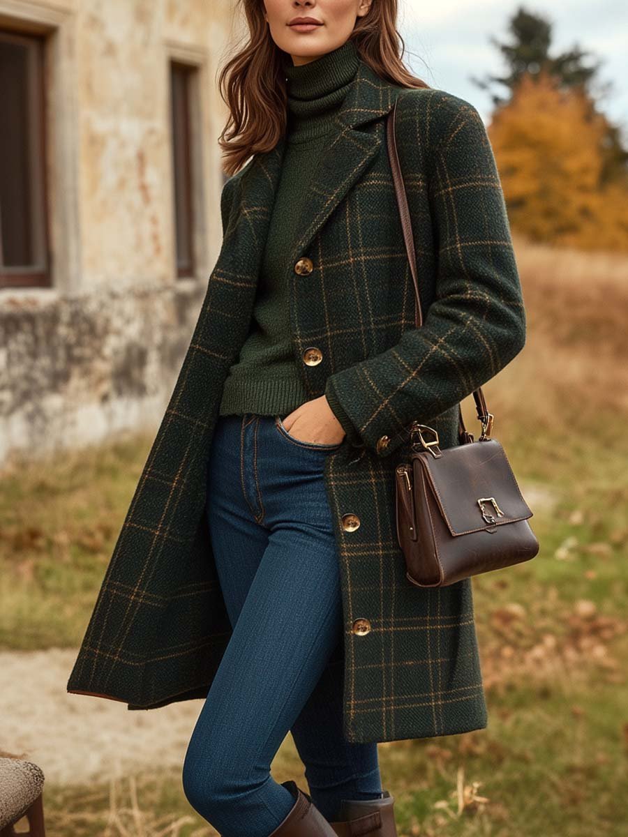 Peyton Women's Wool Coat – Long Elegant Plaid Coat with Fitted Cut & Light Warmth