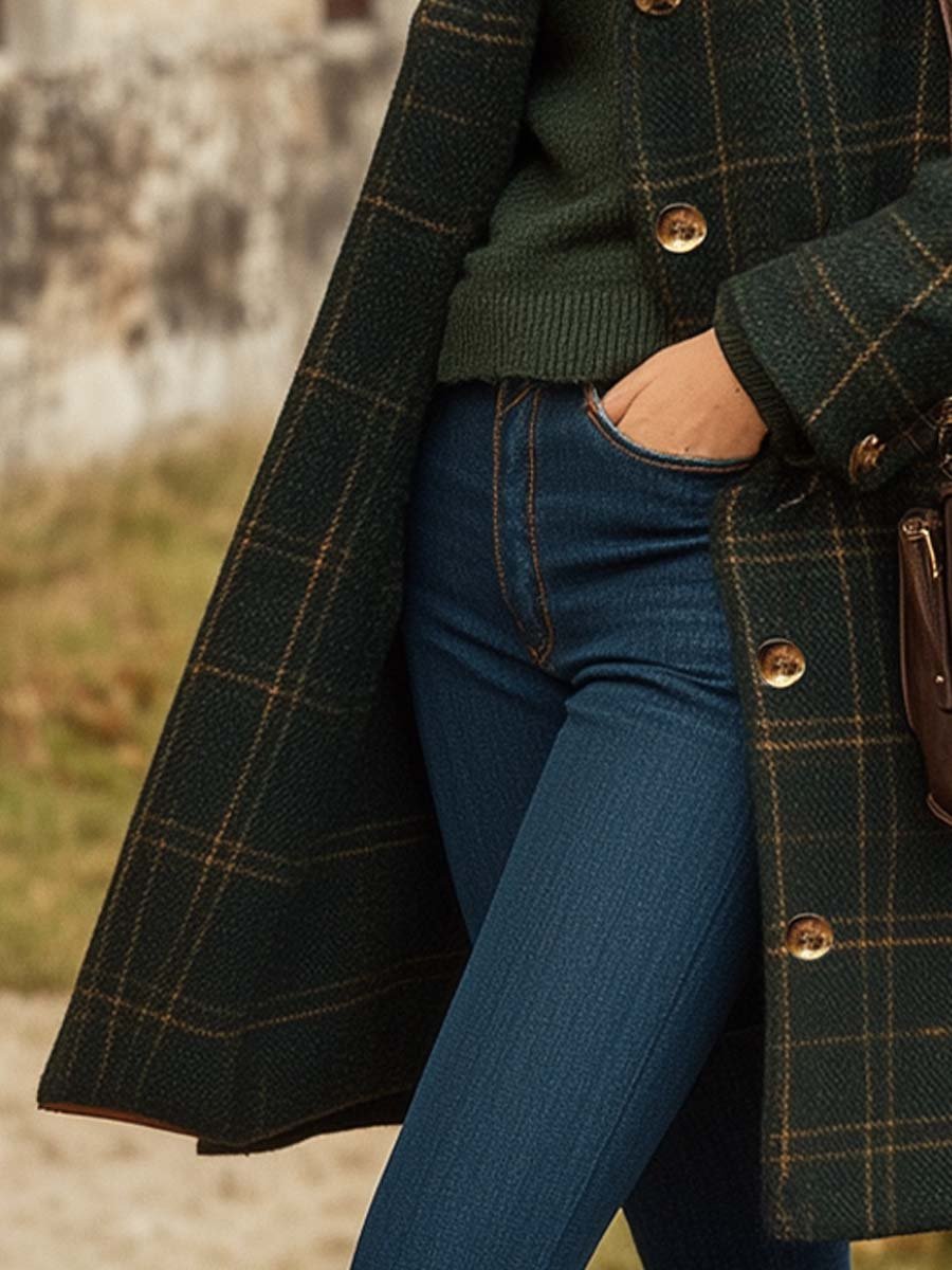 Peyton Women's Wool Coat – Long Elegant Plaid Coat with Fitted Cut & Light Warmth