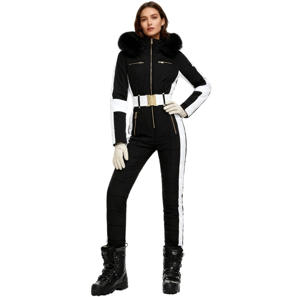 Dolly Black Women's One-Piece Ski Suit | Waterproof Insulated Snow Suit for Women | Retro Ski Jumpsuit for the Slopes