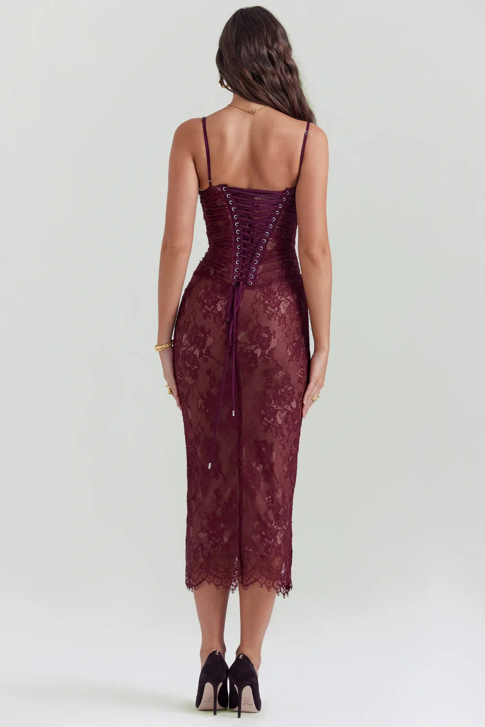 Edith Women's Lace Bodycon Midi Dress | Ruched Corset Wedding Guest Dress | Evening & Occasion