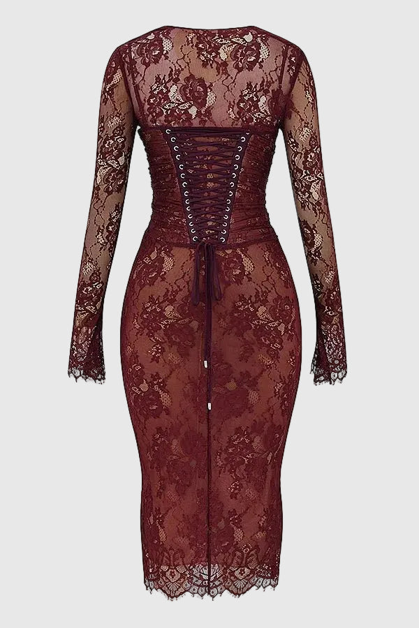 Edith Women's Lace Bodycon Midi Dress | Ruched Corset Wedding Guest Dress | Evening & Occasion