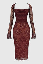 Edith Women's Lace Bodycon Midi Dress | Ruched Corset Wedding Guest Dress | Evening & Occasion
