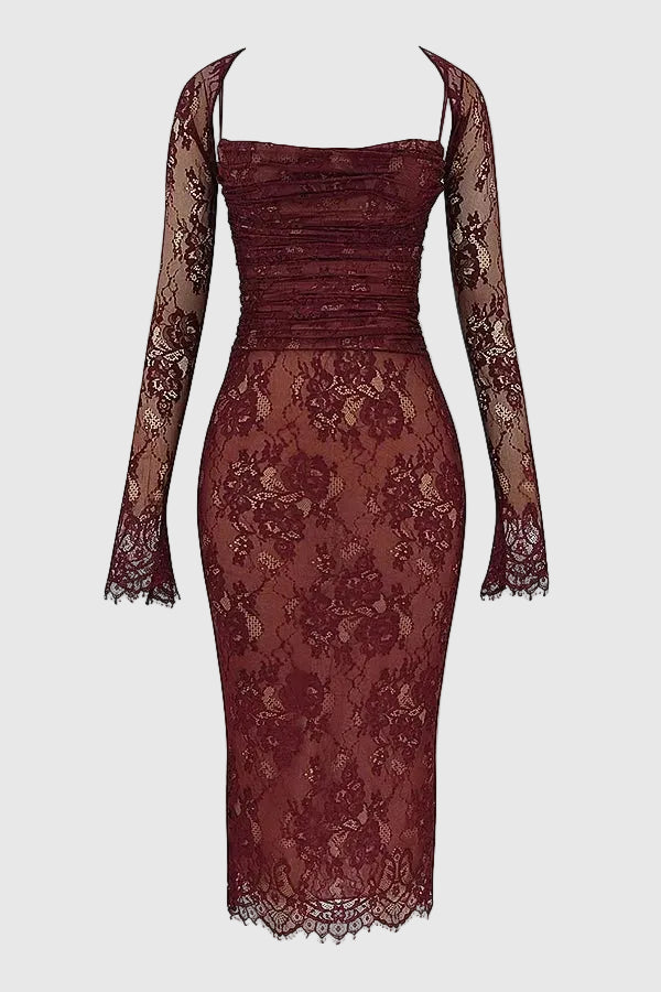 Edith Women's Lace Bodycon Midi Dress | Ruched Corset Wedding Guest Dress | Evening & Occasion