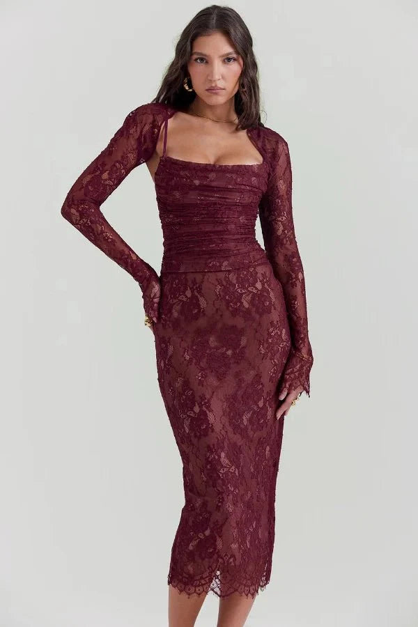 Edith Women's Lace Bodycon Midi Dress | Ruched Corset Wedding Guest Dress | Evening & Occasion