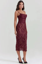 Edith Women's Lace Bodycon Midi Dress | Ruched Corset Wedding Guest Dress | Evening & Occasion