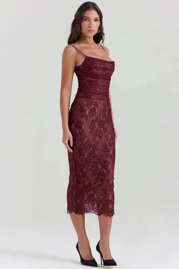 Edith Women's Lace Bodycon Midi Dress | Ruched Corset Wedding Guest Dress | Evening & Occasion