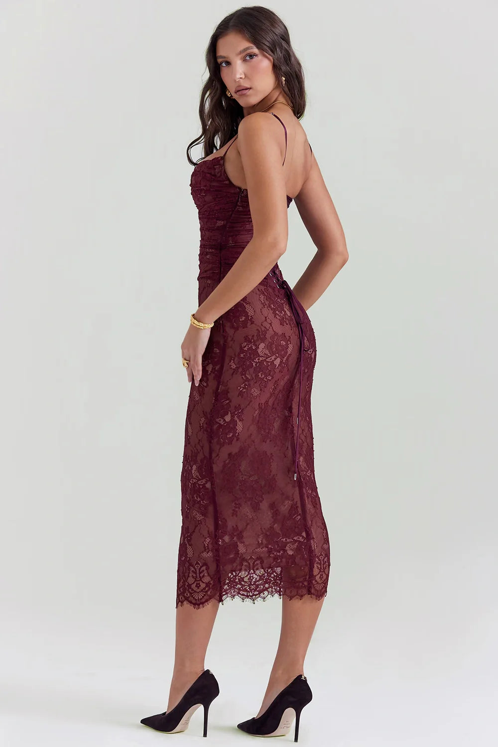 Edith Women's Lace Bodycon Midi Dress | Ruched Corset Wedding Guest Dress | Evening & Occasion