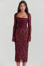 Edith Women's Lace Bodycon Midi Dress | Ruched Corset Wedding Guest Dress | Evening & Occasion