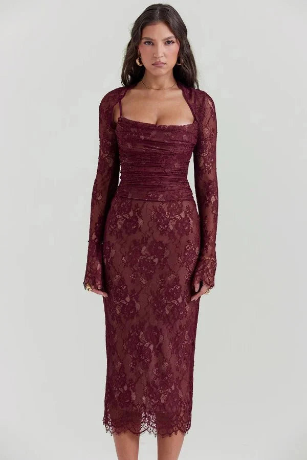 Edith Women's Lace Bodycon Midi Dress | Ruched Corset Wedding Guest Dress | Evening & Occasion