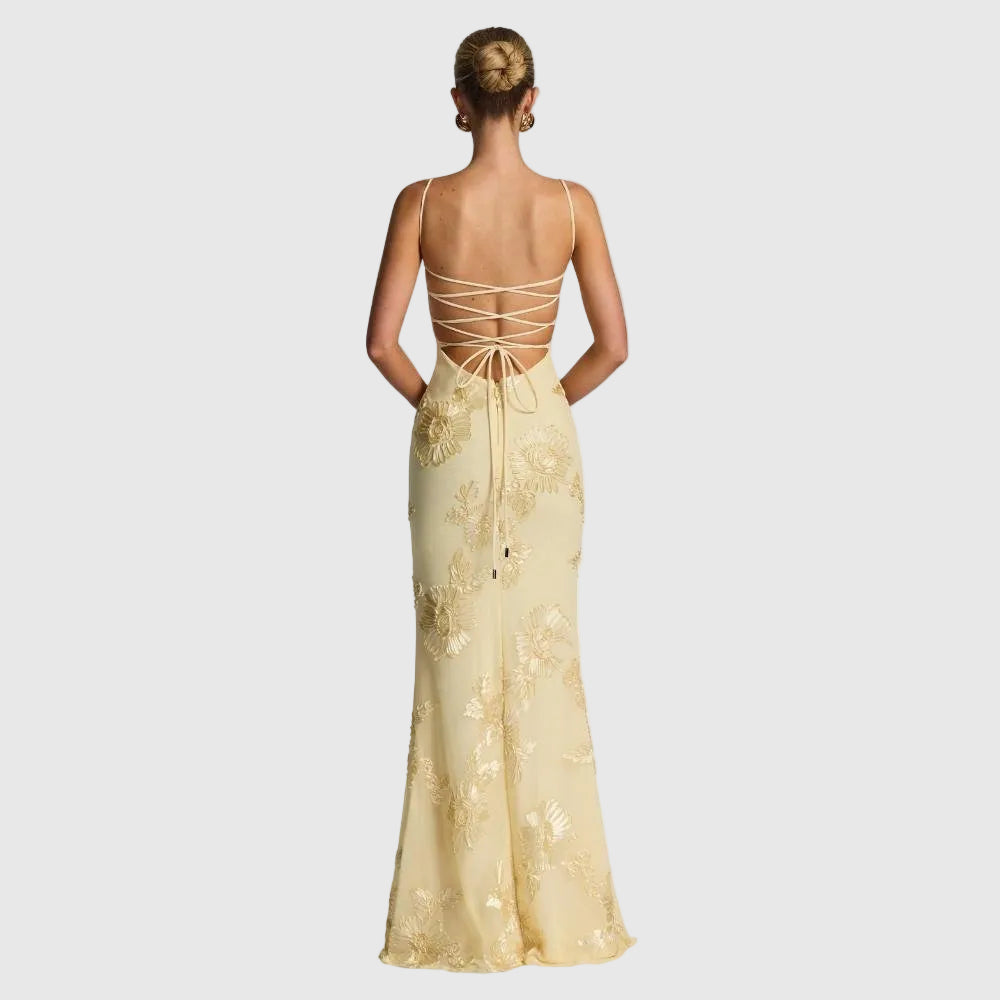 Aphaea Women's Floral Jacquard Mermaid Maxi Dress | Backless Occasion Gown | Evening & Smart Casual