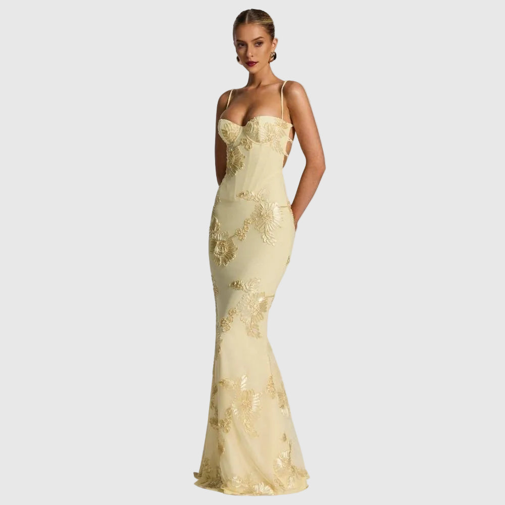 Aphaea Women's Floral Jacquard Mermaid Maxi Dress | Backless Occasion Gown | Evening & Smart Casual