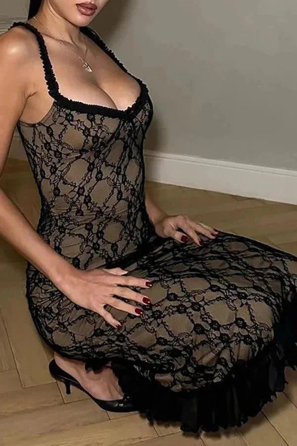 Clarina Women's Sheer Lace Slip Midi Dress | Going Out Party Dress | Evening & Occasion