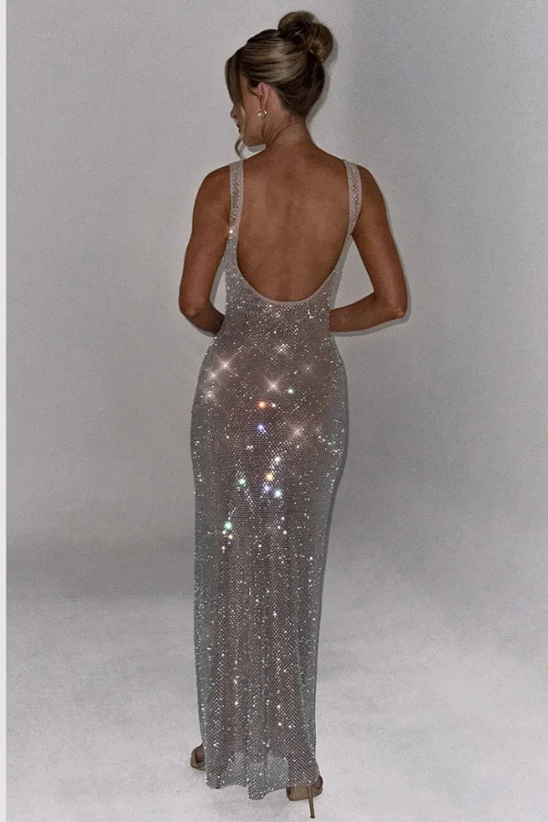 Isabeu Women's Rhinestone Mesh Maxi Dress | Embellished Going Out Party Dress | Evening & Occasion