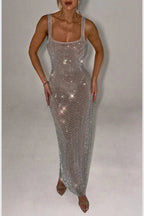 Isabeu Women's Rhinestone Mesh Maxi Dress | Embellished Going Out Party Dress | Evening & Occasion