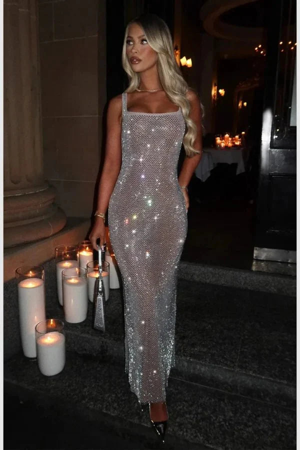 Isabeu Women's Rhinestone Mesh Maxi Dress | Embellished Going Out Party Dress | Evening & Occasion