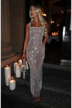 Isabeu Women's Rhinestone Mesh Maxi Dress | Embellished Going Out Party Dress | Evening & Occasion