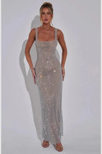 Isabeu Women's Rhinestone Mesh Maxi Dress | Embellished Going Out Party Dress | Evening & Occasion