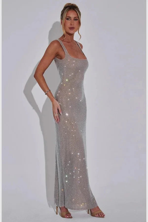 Isabeu Women's Rhinestone Mesh Maxi Dress | Embellished Going Out Party Dress | Evening & Occasion