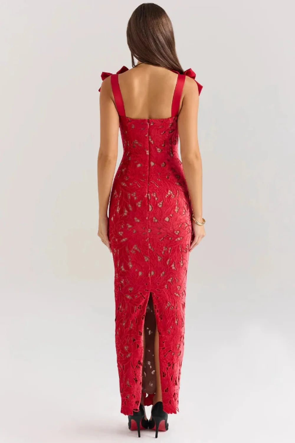 Penelope Women's Lace Cutwork Bodycon Maxi Dress | Bow Strap Going Out Gown | Evening & Occasion