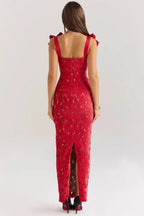 Penelope Women's Lace Cutwork Bodycon Maxi Dress | Bow Strap Going Out Gown | Evening & Occasion