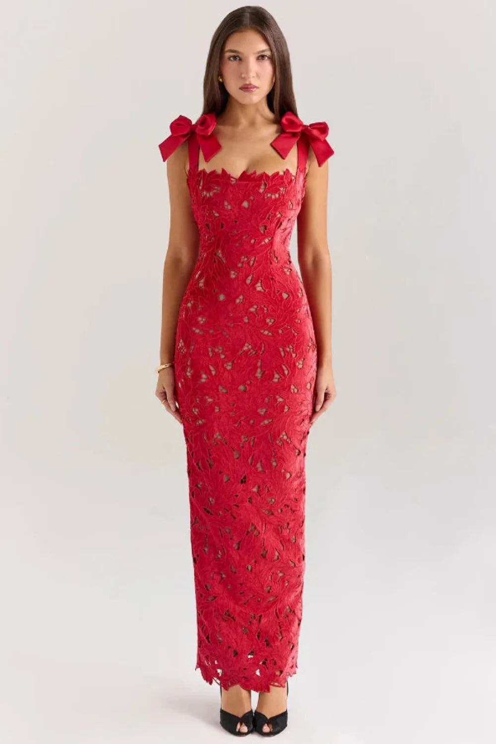 Penelope Women's Lace Cutwork Bodycon Maxi Dress | Bow Strap Going Out Gown | Evening & Occasion