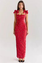 Penelope Women's Lace Cutwork Bodycon Maxi Dress | Bow Strap Going Out Gown | Evening & Occasion