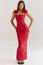 Penelope Women's Lace Cutwork Bodycon Maxi Dress | Bow Strap Going Out Gown | Evening & Occasion