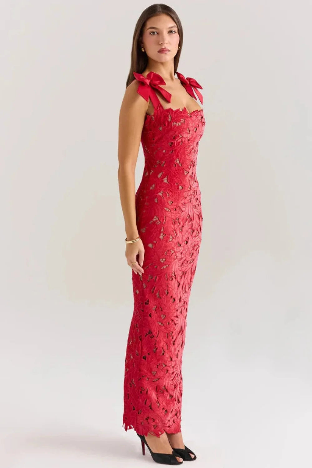 Penelope Women's Lace Cutwork Bodycon Maxi Dress | Bow Strap Going Out Gown | Evening & Occasion