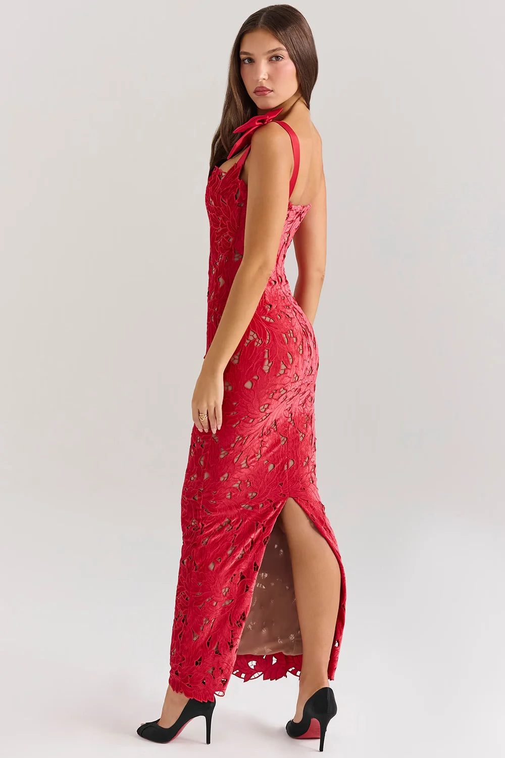 Penelope Women's Lace Cutwork Bodycon Maxi Dress | Bow Strap Going Out Gown | Evening & Occasion