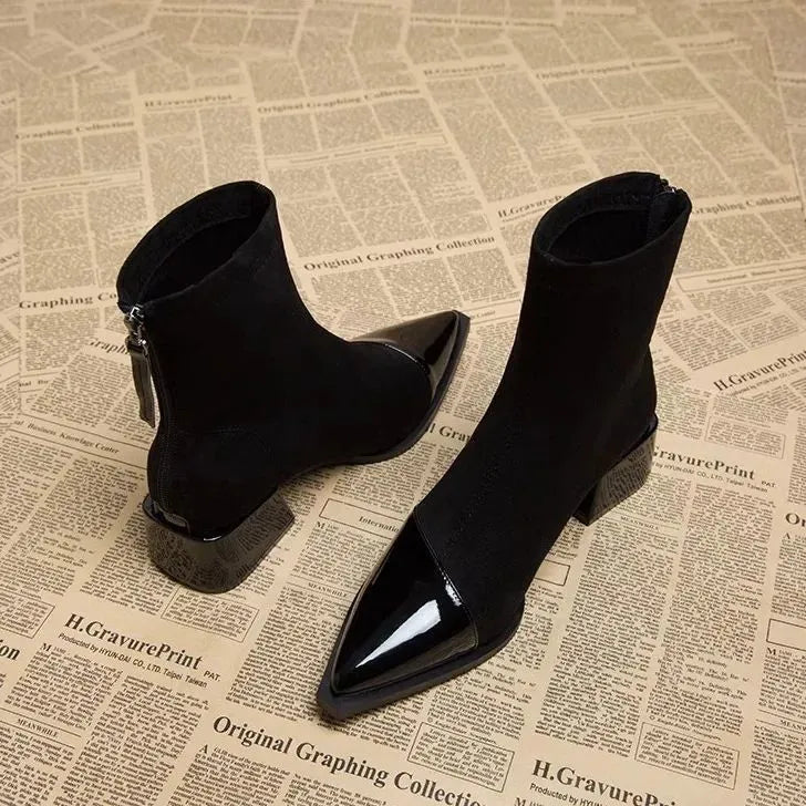 Elegant Suede Boots with Patent Details & Comfortable Block Heel