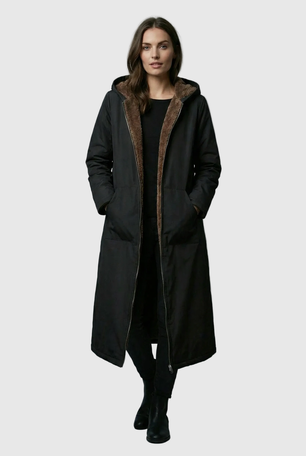 Women’s Elegant Black Plush-Lined Hooded Long Coat