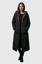 Women’s Elegant Black Plush-Lined Hooded Long Coat